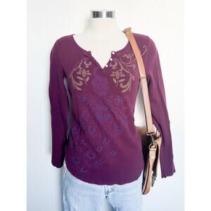 Vintage Lucky Top Large Embroidered Peacock Long Sleeve Henley Plum Thermal Y2K